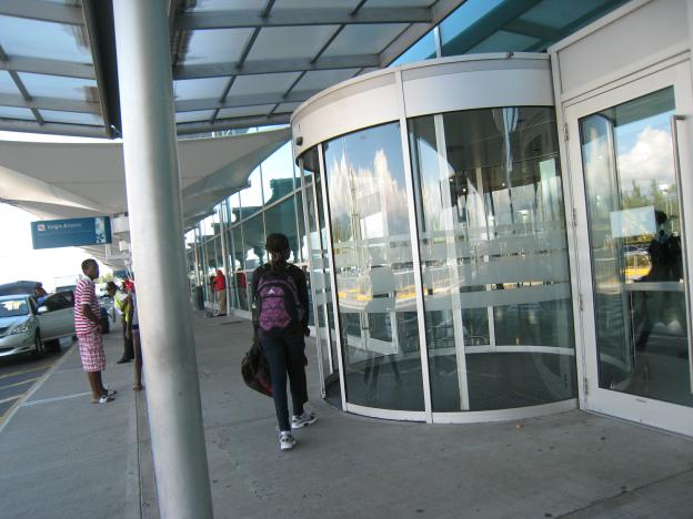 Kingston: Norman Manley Airport.  KIN (NMIA),  a departure entrance 